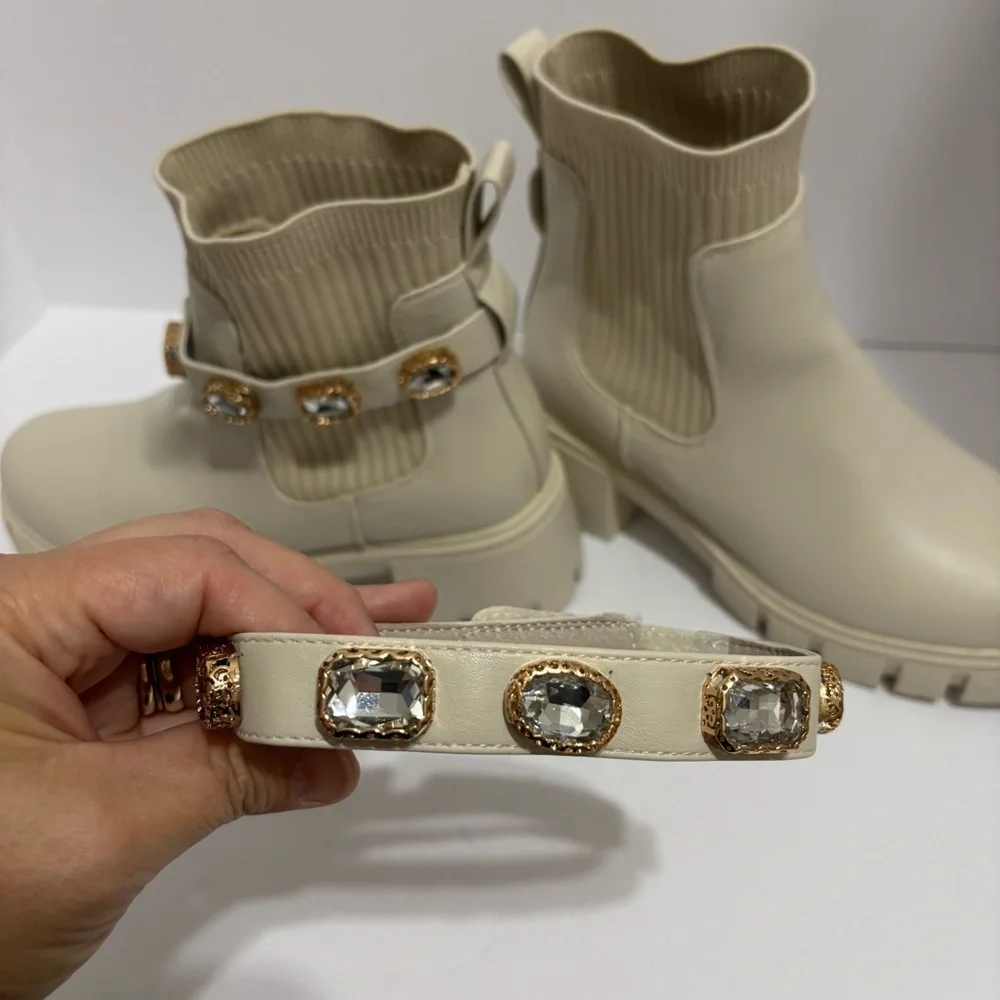 Elegant Cream Ankle Boots with Gemstone Accents